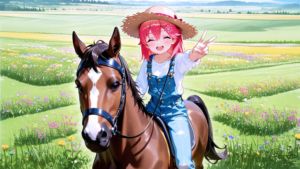 さくらみこさんが乗馬してピースサインをしている画像。