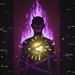 紫色と黄色のコントラストが強い背景の中で、多くの指に指し示され、感情の渦に飲み込まれそうになっている一人の人物のシルエット。怒りによる支配と孤独を象徴する抽象画。