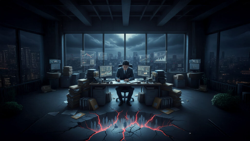 暗いオフィスの一角、デスクのランプだけが灯る中で、山積みの書類と複数のPCモニターを前に深く俯き、ペンを握ったまま動けなくなっているスーツ姿の男性。足元の暗がりには、地面がひび割れたような深い亀裂が走り、そこから無数の影のような人々が這い上がろうとしている。窓の外には深夜の都会の夜景が広がり、個人の限界と社会構造の歪みを象徴する重苦しくシリアスな雰囲気のデジタルアート。