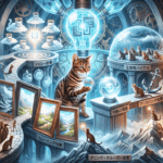 認知バイアスの世界を表現した、猫たちが登場する幻想的なだまし絵風のイラスト。中央の大きな猫の周りに、確証バイアスやサンクコスト効果など10の心理現象を象徴するユニークな空間が迷宮のように入り組んで描かれている。
